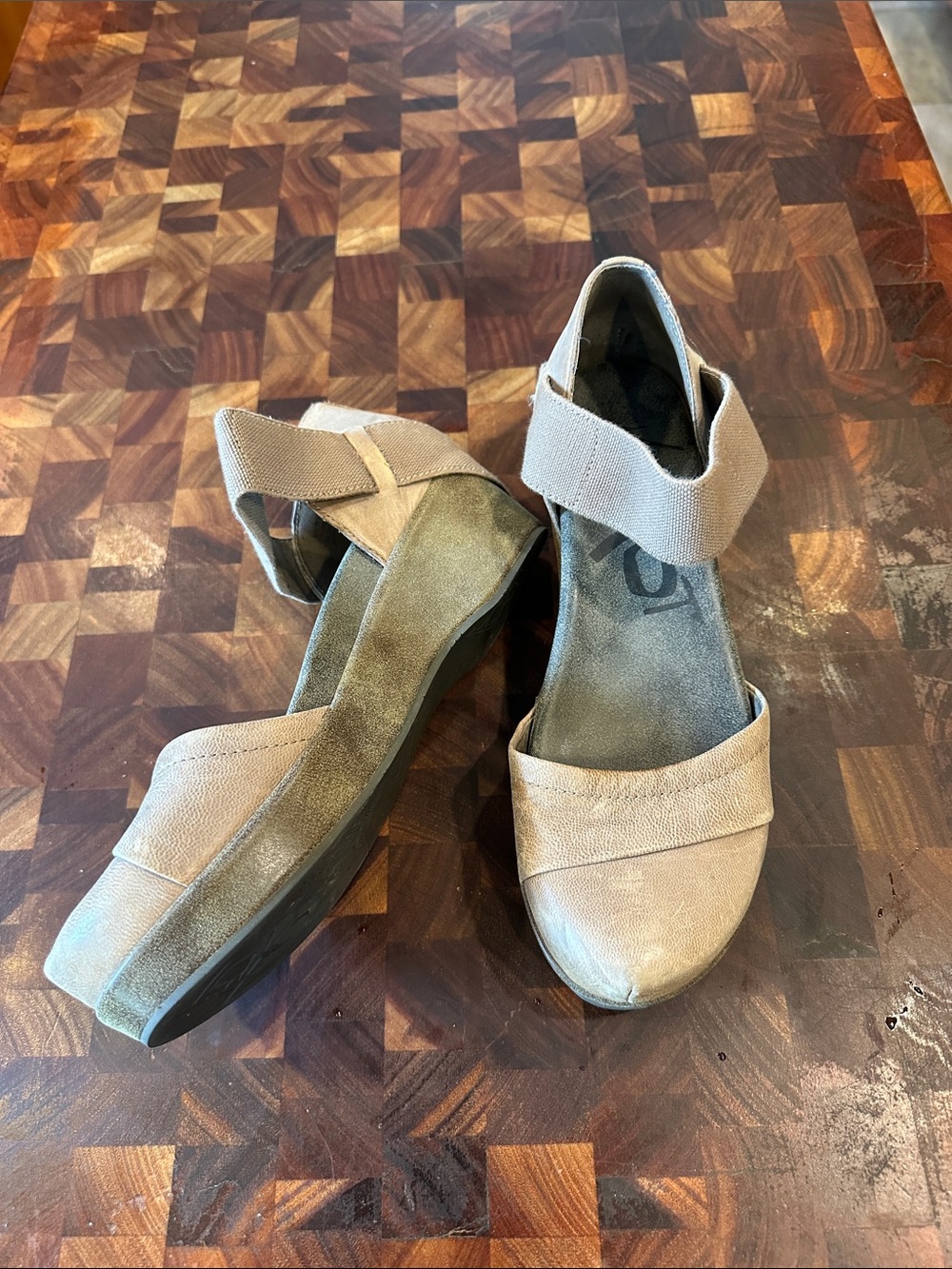 Neutral Taupe Leather Otbt Maryjane Wedge Sandals with Ankle Strap